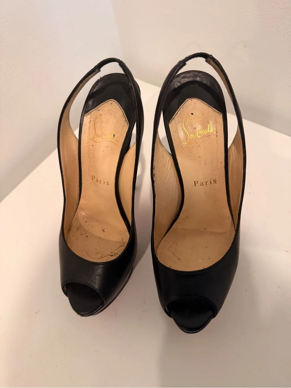 Christian Louboutin Black Leather Peep-Toe Slingback Pumps with Red Soles